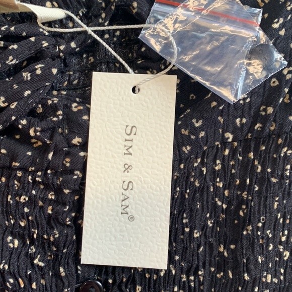 NWT Sim & Sam | Smocked Black Tan Front Tie Button Closure Tank L - Picture 6 of 8